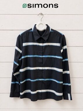 CONTEMPORAINE by Simons Navy Striped Shirt – Organic Cotton & Silk – Size L